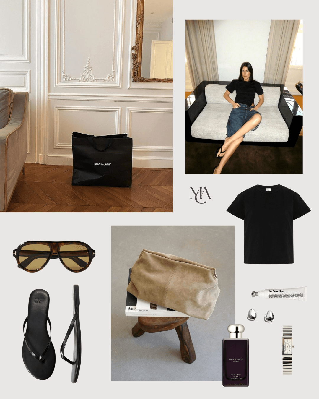 Neutral personal styling moodboard with black, ivory, tortoiseshell, and soft suede details