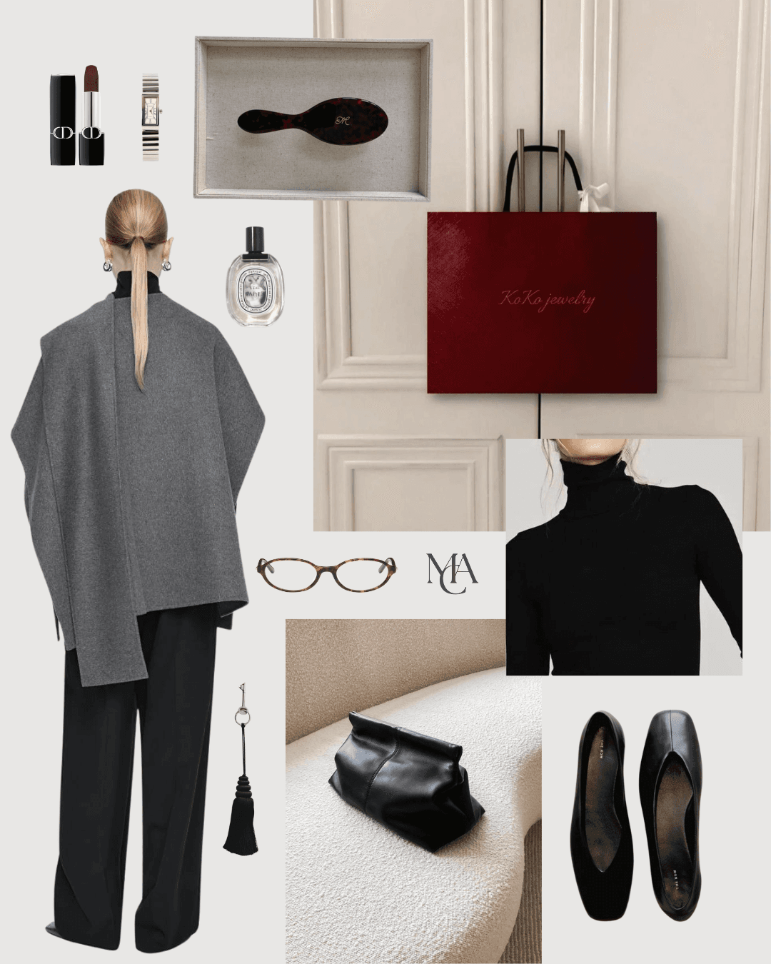 Tonal styling moodboard with grey tailoring, black accessories, and deep red accents